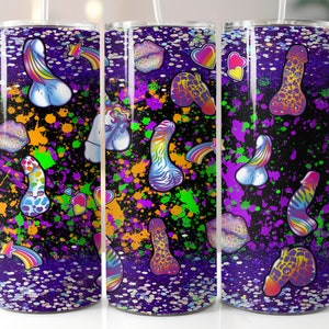 May include: Three stainless steel tumblers with a black background and colorful paint splatters. The tumblers feature a variety of colorful designs, including lips, hearts, rainbows, and unicorns.