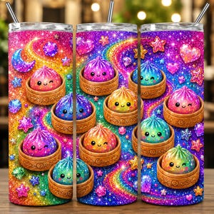 Può includere: Un bicchiere cilindrico con cannuccia in metallo caratterizzato da uno sfondo glitterato arcobaleno vibrante decorato con numerosi gnocchi animati in cestini per la cottura a vapore in legno, stelle, cuori, lune crescenti e gemme.
