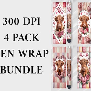 May include: A pen wrap bundle with four designs, each featuring a Highland cow with roses and hearts. The colour palette includes pinks and reds. The text "300 DPI 4 PACK PEN WRAP BUNDLE" is displayed on the image.