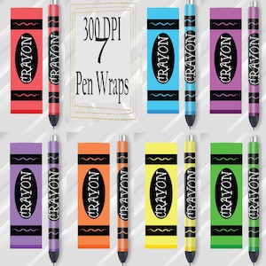 May include: Seven printable crayon-themed pen wraps in various colours, including red, blue, purple, orange, yellow, and green. The wraps feature the word "CRAYON" in a black oval with a wavy line design. The text "300 DPI Pen Wraps" is also included in the image.