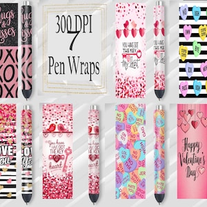 May include: A collection of seven pen wraps with Valentine's Day themes. Designs include hearts, glitter, and phrases like "Hugs & Kisses" and "Happy Valentine's Day." The image also includes the text "300 DPI 7 Pen Wraps."
