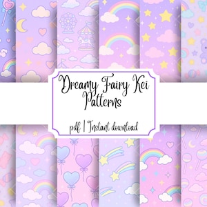 Verträumtes Fairy Kei Nahtloses Muster-Bundle – Pastellfarbene digitale Papiere mit Regenbögen, Wolken, Ballons & Bären | Kawaii ästhetischer Stoff PDF