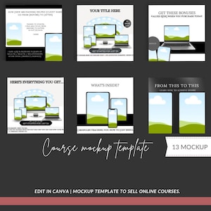 Op de afbeelding: Een cursus mockup template met mockups van verschillende digitale apparaten, waaronder een computer, laptop, tablet en telefoon. De tekst bevat "Your Title Here", "Get Started for Just €X" en "Edit in Canva | Mockup Template to Sell Online Courses."