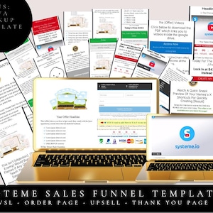 Pode incluir: Um laptop dourado exibe um modelo de funil de vendas com o texto "SYSTEME SALES FUNNEL TEMPLATE". A imagem inclui maquetes de páginas de vendas, páginas de pedidos e páginas de upsell. O texto "BONUS; CANVA MOCKUP TEMPLATE" também é visível.