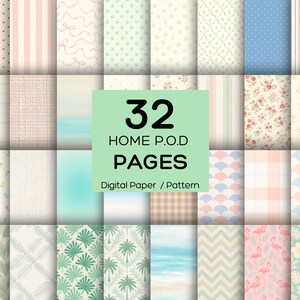 May include: A collection of 32 digital paper designs with various patterns, including polka dots, stripes, floral, and geometric shapes. The designs feature a soft color palette of pinks, blues, greens, and beige. Text on the image reads "32 HOME P.O.D PAGES Digital Paper / Pattern."