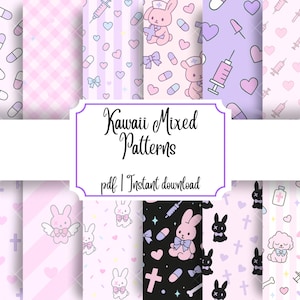 Bundel kawaii verpleegster konijntje naadloze patroon – pastelkleurige pillen, spuiten, harten en kruisen | Leuke digitale prints voor stof, stickers en knutselwerk