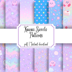 Pacchetto di modelli senza cuciture di dolci kawaii - Carte digitali pastello con caramelle, lecca-lecca, Kirby, dolci / Tessuto estetica kawaii in formato PDF