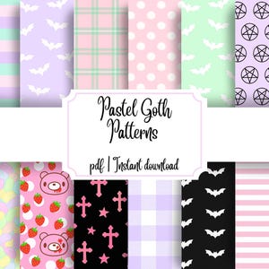パステルゴス デジタルペーパーパック – かわいいゴス柄、コウモリ、十字架、かわいいクマ、五芒星、ストライプ | シームレスプリント | すぐにダウンロード