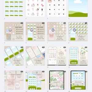 Puede incluir: Una colección de 16 maquetas digitales para fondos de pantalla e iconos de teléfono. Las maquetas presentan una variedad de diseños, incluyendo un paisaje verde y azul, un patrón floral rosa y blanco y un patrón geométrico verde y blanco. Las maquetas están etiquetadas con el texto "IOS APP ICONS" y "SPRING BUNNY".