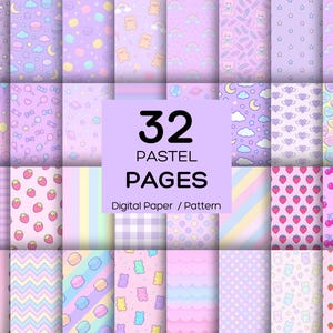 Paquete de patrones sin costuras en tonos pastel mixtos: papeles digitales kawaii para moda, pegatinas, scrapbooking y telas / PDF con estética pastel Y2K