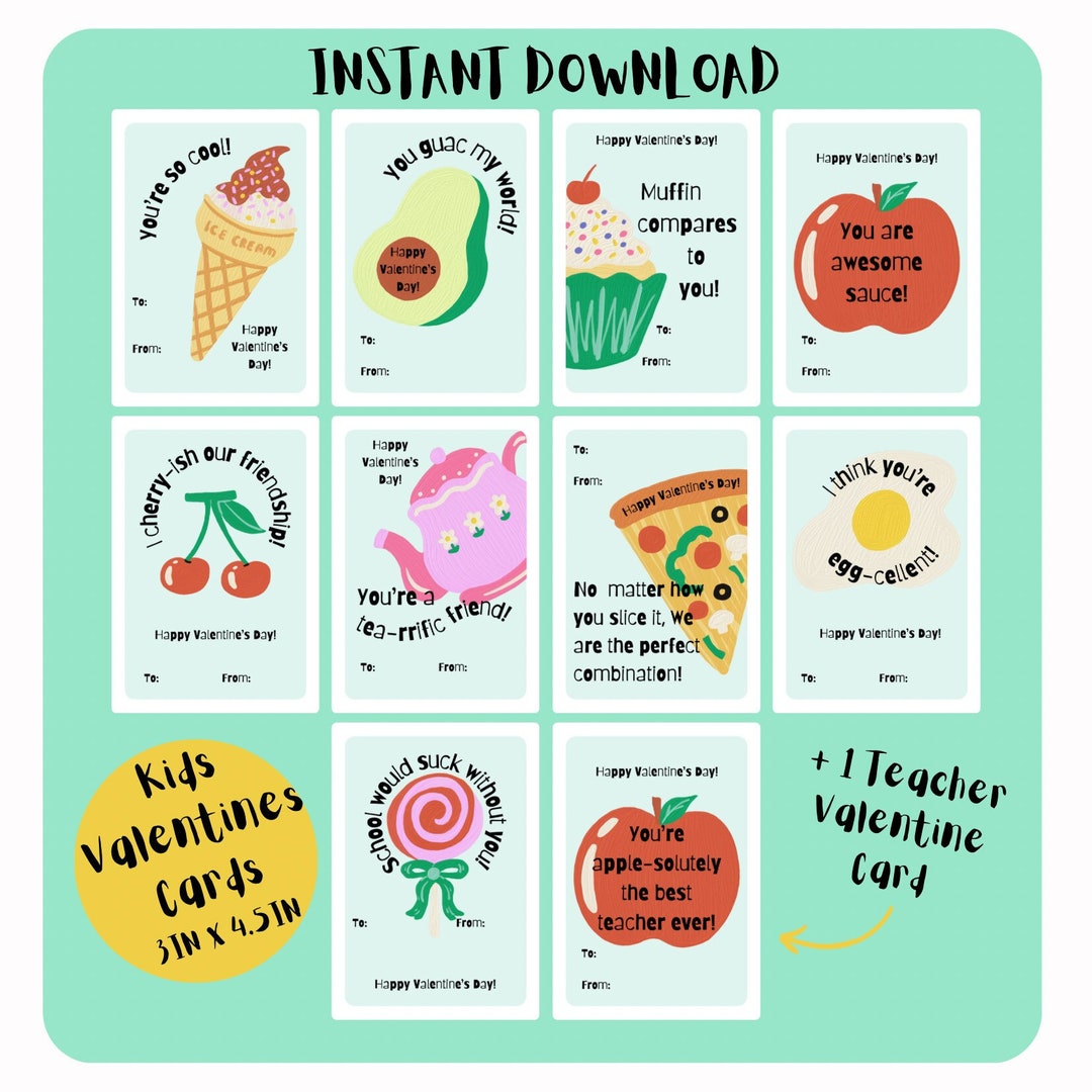 Food Pun Valentines Day Cards for Kids | Instant Download | Printable ...