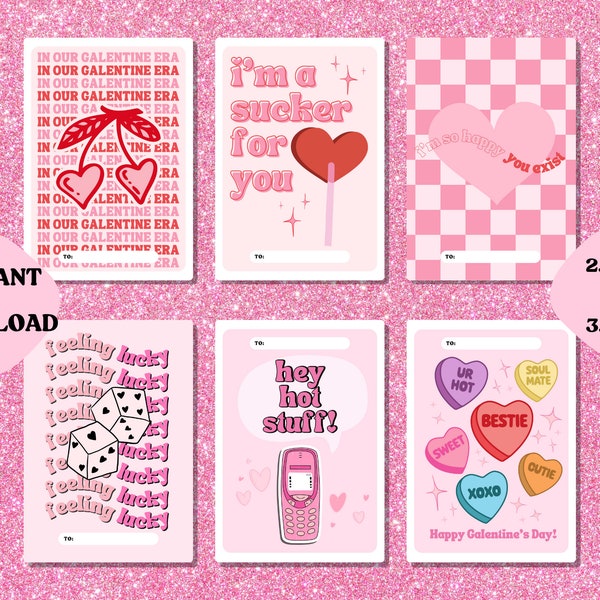 Retro Galentine's Day Karten | Sofort Download | Druckbare Valentinstagskarten für deine Liebsten | Groovy Pink und Rot Aesthetic | Trendy