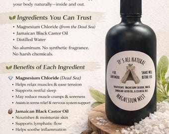 Volledig natuurlijke magnesiumnevel met Jamaicaanse zwarte ricinusolie (4oz)
