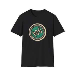 May include: A black short-sleeve t-shirt featuring a circular graphic on the chest. The graphic is a green and cream-colored disc with the text POG in the center and the words FOR OFFICIAL TOURNAMENT PLAY WORLD POG FEDERATION around the border.