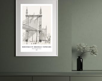 POBIERANIE CYFROWE - Vintage Old World Illustration of the Brooklyn Bridge Towers Plakat do wydrukowania