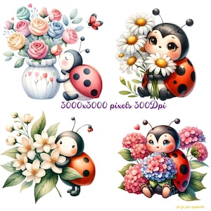 Clipart coccinella, acquerello 22 PNG, coccinella con fiori San Valentino, i file digitali sono in alta risoluzione 300 DPI.