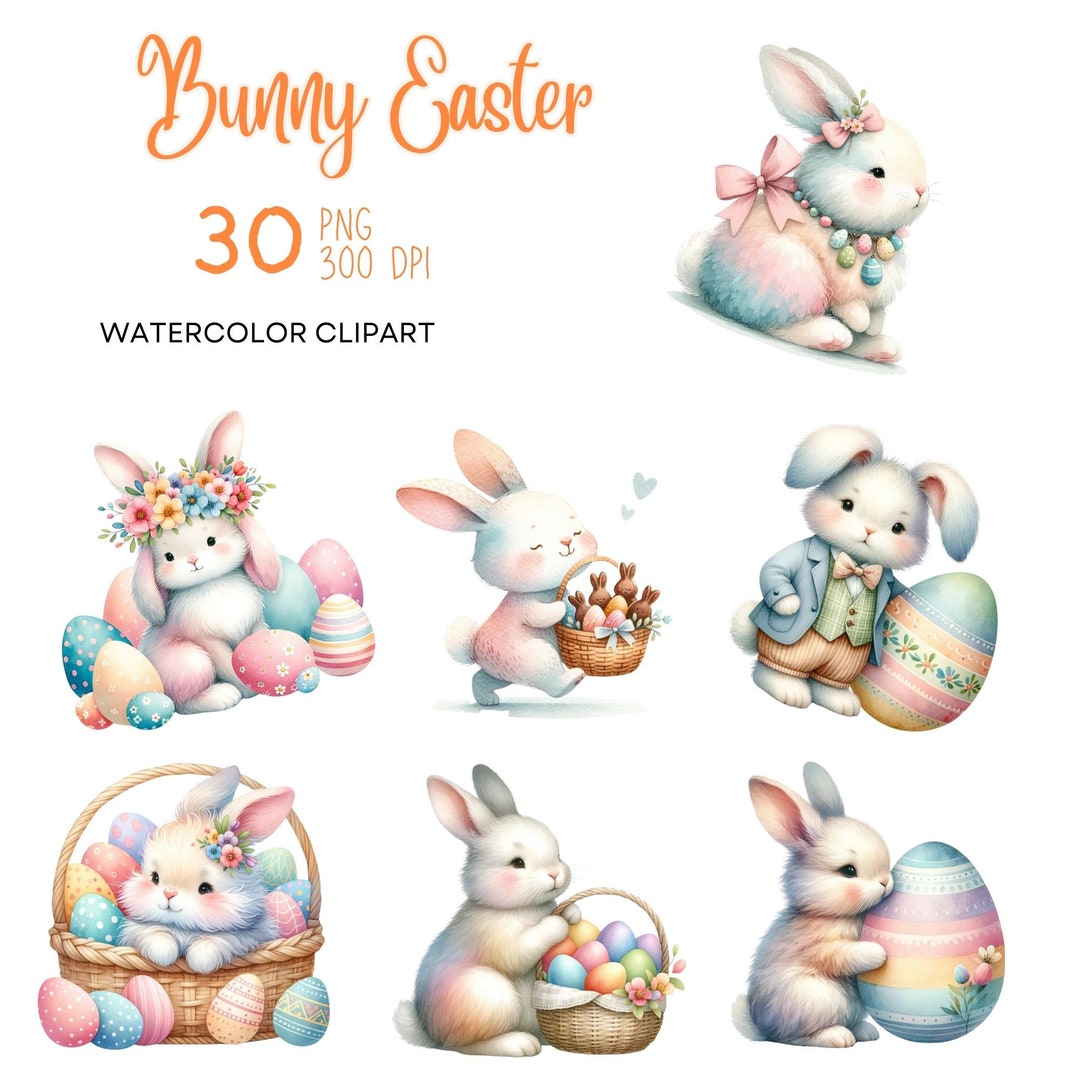 Bunny Easter Clipart, 30 Watercolor PNG, Easter Clipart, Easter Design ...
