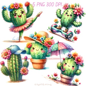 Un lot de 5 cliparts PNG mignons et lumineux Cactus en fleurs, téléchargement numérique facile à utiliser.