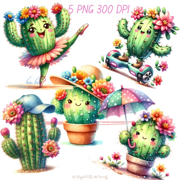 A set of 5 Cute & Bright Blooming Cactus clip art PNG, digital download easy to use.