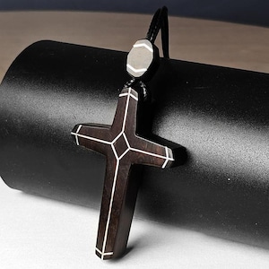Natural Wood Carve Cross Pendant Charms Wooden Cross Necklace Inlay of Silver Wood Cross Pendant Christian Baptism，Christian Gift