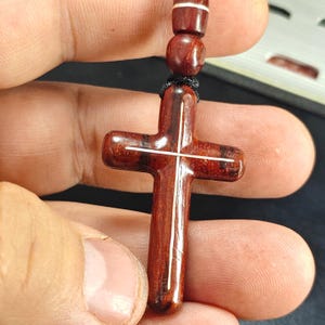Hand-Carved,Natural Mahogany Inlaid Silver Cross Pendant Necklace With Adjustable Gift For Religious