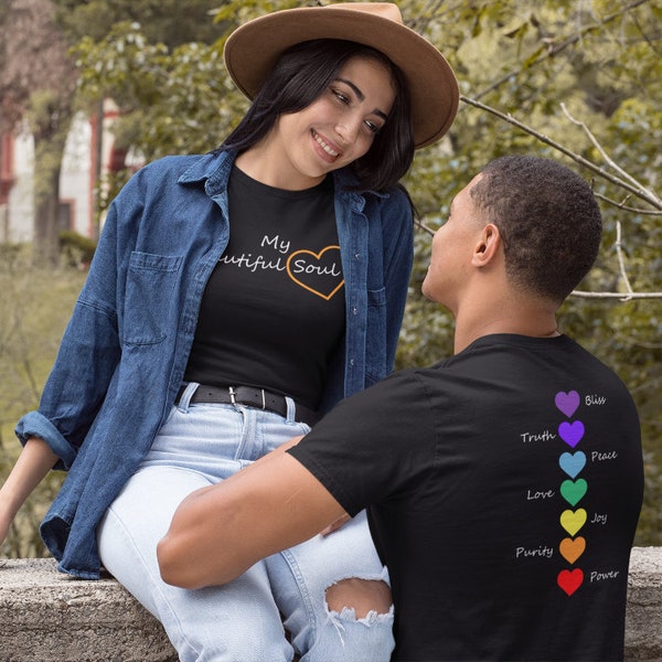 Hearts Chakras Virtues with My Beautiful Soul on Front T-Shirt;Valentines Day Gifts;Anniversary;Gifts;LGBTQ;Yoga;+Vibe;UNISEX