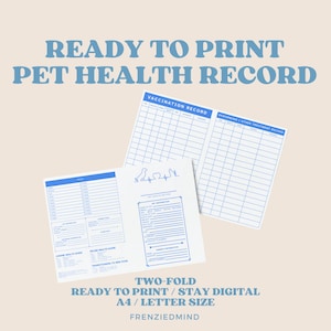 Modelo de rastreador de certificado de vacinação para registros de saúde de animais de estimação, download para impressão, personalizado, duas dobras, azul, cachorro, gato, filhote de cachorro, gatinho
