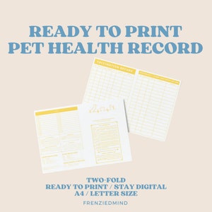 Registro de saúde do animal de estimação Certificado de vacinação Rastreador para impressão Download Deworm Trifold Dog Cat Puppy Kitten Amarelo pronto para imprimir