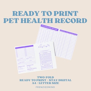 Modelo de rastreador para registro de saúde de animais de estimação, certificado de vacinação, download para impressão, personalizado, duas dobras, cachorro, gato, filhote, gatinho, roxo