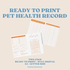 Modelo de rastreador para registro de saúde de animais de estimação, certificado de vacinação, download para impressão, personalizado, duas dobras, laranja, cachorro, gato, filhote de cachorro, gatinho