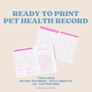Modelo de rastreador de certificado de vacinação para registros de saúde de animais de estimação, download para impressão, personalizado, duas dobras, rosa, cachorro, gato, filhote de cachorro, gatinho