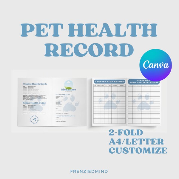 Pet Health Record Vaccination Certificate Tracker Template Printable Download Customize Deworm Two-fold Blue Pink Brown Dog Cat Puppy Kitten