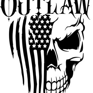 Puede incluir: Diseño gráfico en blanco y negro con una calavera con un diseño de bandera estadounidense. El texto "OUTLAW" está sobre la calavera.