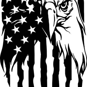 May include: Black and white illustration of an American bald eagle with a distressed American flag behind it.