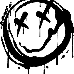 Puede incluir: Cara sonriente de estilo graffiti en blanco y negro con pintura goteando. La cara sonriente tiene un diseño simple con dos ojos y una boca.