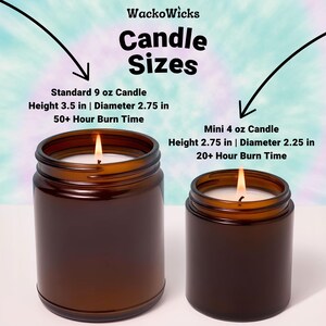 two candles of different sizes, with the larger candle being a standard 9 oz candle and the smaller candle being a mini 4 oz candle. The larger candle is taller and wider, while the smaller candle is shorter and narrower. The image also provides information about the candle sizes and their burn times, indicating that the mini candle is taller and wider than the standard candle, with a burn time of 2.75 hours and a height of 2.75 inches.