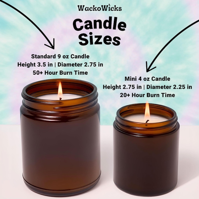 two candles of different sizes, with the larger candle being a standard 9 oz candle and the smaller candle being a mini 4 oz candle. The larger candle is taller and wider, while the smaller candle is shorter and narrower. The image also provides information about the candle sizes and their burn times, indicating that the mini candle is taller and wider than the standard candle, with a burn time of 2.75 hours and a height of 2.75 inches.