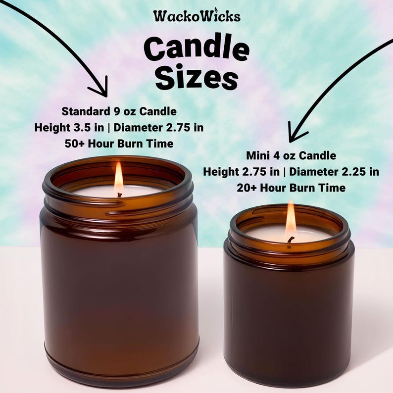 two candles of different sizes, with the larger candle being a standard 9 oz candle and the smaller candle being a mini 4 oz candle. The larger candle is taller and wider, while the smaller candle is shorter and narrower. The image also provides information about the candle sizes and their burn times, indicating that the mini candle is taller and wider than the standard candle, with a burn time of 2.75 hours and a height of 2.75 inches.