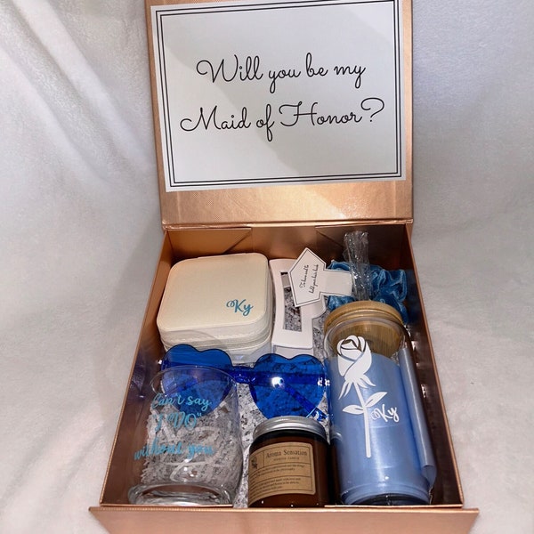 Blue Bridesmaid Proposal Box /MOH boxes. Personalized/customized when ordered. Includes 8 items in box.