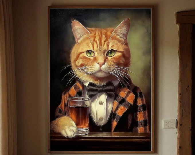 Victorian Ginger Cat Art Print: Whiskey Sipping Feline in Tartan Suit