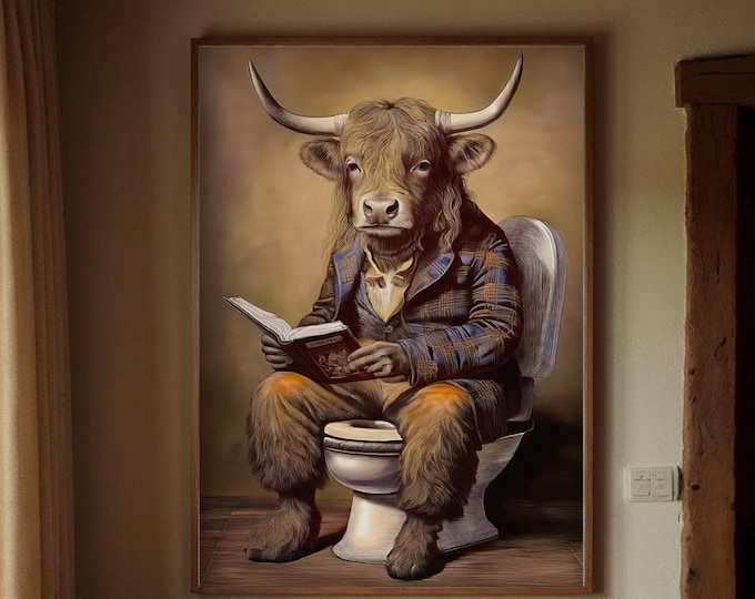 Victorian Cow Art Print: Highland Cow on Toilet - British Humor