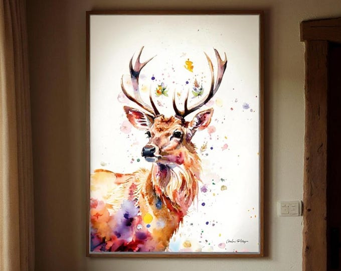 Framed Red Deer Print: British Wildlife Watercolor Art