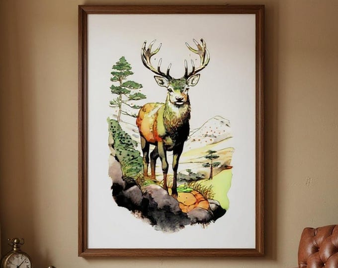 Framed Red Deer Print: British Wildlife Art, Heritage Decor