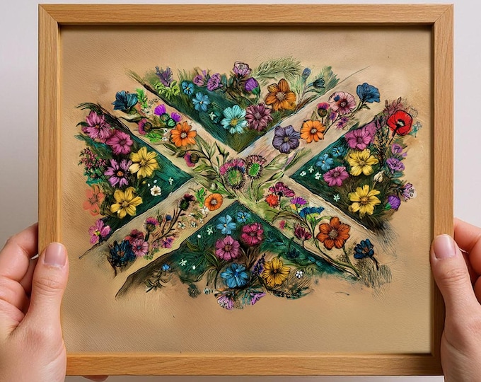 Framed Scottish Flag Art Print: Hand Drawn UK Heritage