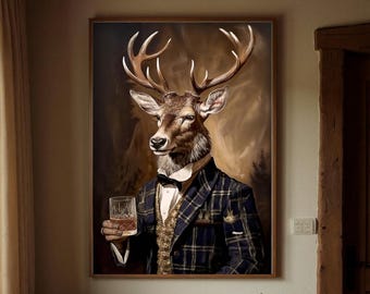 Victorian Stag Whiskey Art Print: Whimsical British Heritage Decor