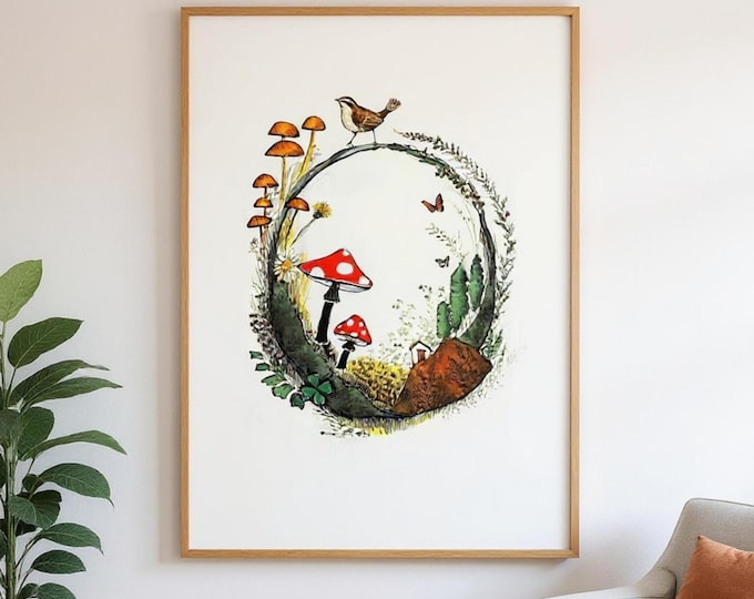 Fairy Ring Art Poster: British Heritage Mushroom Illustration, Matte Print