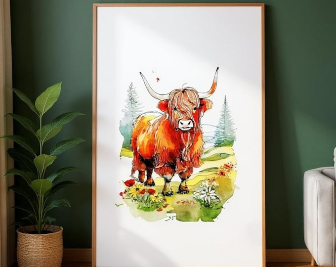 Shaggy Highland Cow Print: Rustic Farmhouse Wall Art