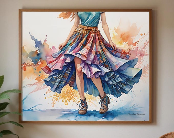 Scottish Woman Art Print: Tartan Skirt Watercolor - UK Heritage