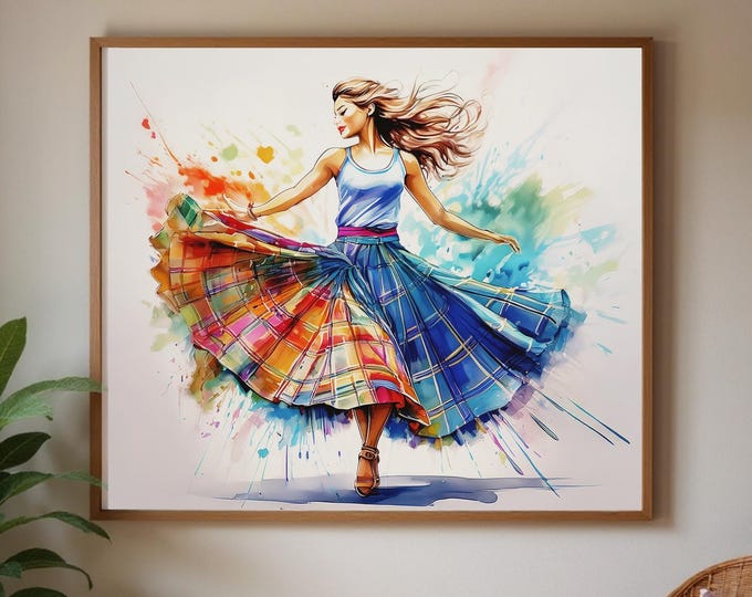 Framed Scottish Dancer Watercolor Art: Tartan Skirt, Ready to Hang