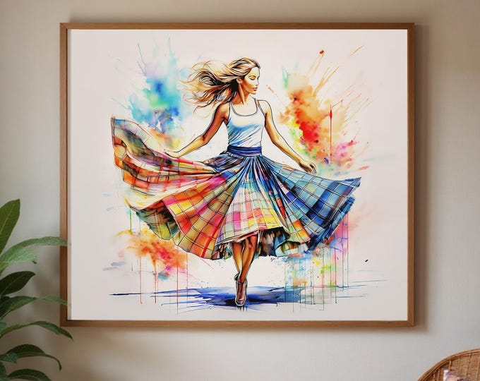 Framed Scottish Dancer Watercolor Art: Tartan Skirt, Ready to Hang